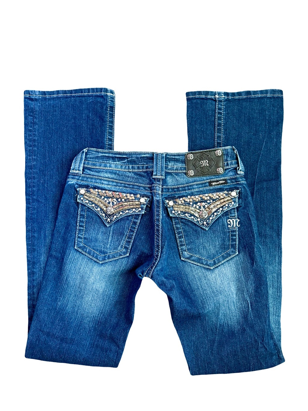 VTG MISS ME Y2K EMBROIDERED BLUE BOOT-CUT DENIM JEANS // SIZE 27✨